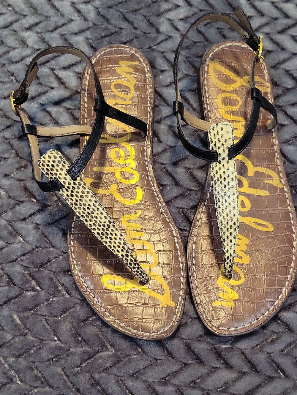 Sam Edelman Black & Brown Snake-Accent Leather Thong Sandals